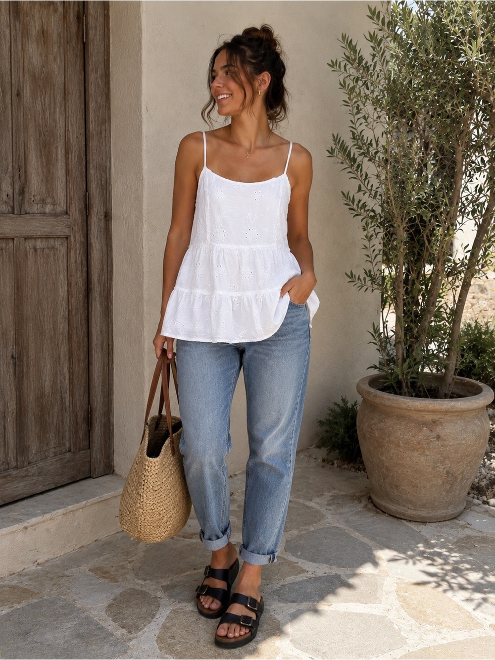 Chance White Eyelet Embroidered Tiered Cami Top Medium Boho Cottagecore